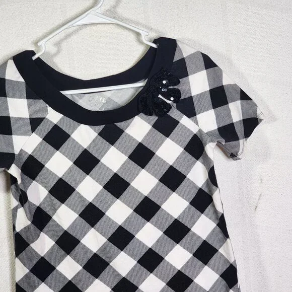 Justice Black White Check SS Black Sequin Bow Neckline Cotton Span Top Size 18 - Picture 3 of 16